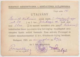 1921 Bp., Budapest Székesfőváros I. kerületének elöljárósága által kiállított szeszutalvány, 3 db