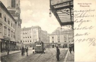 Temesvár, Timisoara; Szent György tér, villamos, Maison Lechner, Varneky A., Farber Miksa, Klein, Echner B. üzletei, létra, Divald Károly 784. sz. / square, tram, shops (EK)