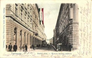 Temesvár, Timisoara; Rudolf utca, Koronaherceg szálloda, álarcosbál reklámja, magyar zászló, Veres utóda Rosenberg Lajos kiadása / Grosser Maskenball / street, hotel, advertisement of a masquerade, Hungarian flag (EK)