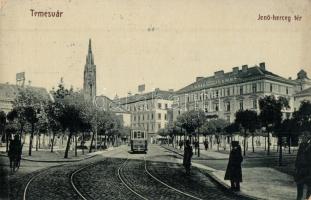 Temesvár, Timisoara; Jenő herceg tér, villamos, kerékpár, W. L. 132. / square, tram, bicycle (EM)