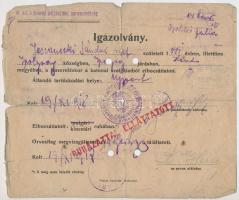 1918 M. kir. honvéd pótzászlóalj parancsnokság által kiállított elbocsátó igazolvány