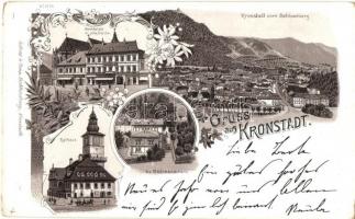 1897 Brassó, Kronstadt, Brasov; Piac tér, evangélikus leányiskola, városház. Gabony &amp; comp. / market square, girl school, town hall, floral, litho (kopott sarkak / worn corners)