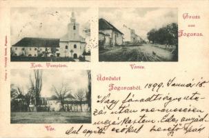 1899 Fogaras, Fagaras; katolikus templom, Vártér, vár. Thürfeld Dávid kiadása / church, square, castle