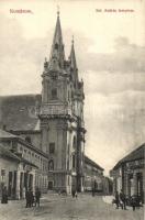 Komárom, Komárno; Szent András templom, Korén József posztó és vászonraktára, Leisz Nándor üzlete / church, shops