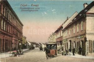 Eszék, Essegg, Osijek; Strossmayerova ulica / Strossmayergasse / utca, lóvasút, üzletek / street, horse-drawn tram, shops (EK)