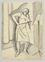 Gábor jelzéssel: Hegedülő lány. Szén, papír, 43×31 cm