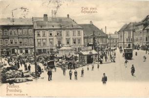 Pozsony, Pressburg, Bratislava; Tyúk piac, villamos, Berghoffer János, Sommer István, Frankl Bernát üzlete / chicken market, square, tram, shops