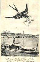 Pozsony, Pressburg, Bratislava; fecskés üdvözlőlap gőzhajóval / Gruss aus.. / swallow greeting card