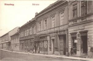 Rózsahegy, Ruzomberok; Híd utca, Marcus Fischer, Künstler S., Braun Miksa és Fischer Jakab üzlete. Komor testvérek kiadása / street, shops