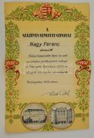 1938 Bp., A százéves Nemzeti Színház által támogatásért adott köszönő oklevél