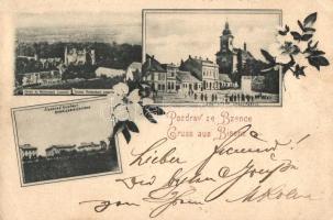 1898 Bzenec, Bisenz; Schloss Reichenbach Lessonitz, Cavallerie Caserne, Stadtpartie / castle, cavalry barracks, square, Art Nouveau (kis szakadás / small tear)