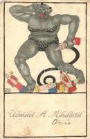 Üdvözlet a Mikulástól! / Krampus art postcard, B.R.W. Nr. 158. s: Otto Beyer (worn corners)