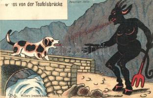 Gruss von der Teufelsbrücke / Krampus art postcard. The Devils bridge. Müllers Druckerei, Basel, Patentiert 10853. litho s: P. O.