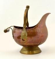 2 db antik réz oroszlánfejes kiöntő egyiken horpadás és fogó hiánnyal, festett mázas kerámia fogókka...