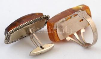 Borostyán berakásos fém gyűrű (méret: 59) ill. fél pár mandzsettagomb (3×1,5×2,5 cm)