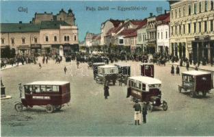 Kolozsvár, Cluj; Piata Unirii / Egyesülési tér, autóbuszok, L. Reményik, Albina üzletei, Bernát kiadása / square, autobuses, shops