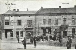 Nowy Sacz, Neu Sandez, Újszandec; Grodzka / street view with pharmacy, shop of Simon Pflaster and hairdresser