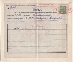 Ausztria / Bécs 1919. Letéti jegy okmánybélyeggel T:III Austria / Wien 1919. "Einlage" receipt with fiscal stamp C:F