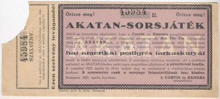 Budapest 1925. Akatan-sorsjáték szelvénye, amelynek nyereménye amerikai pedigrés farkaskutya T:III- szakadás, papírhiány