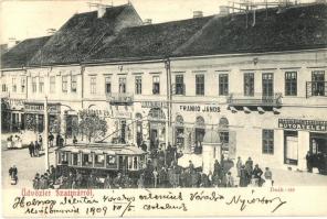 Szatmárnémeti, Szatmár, Satu Mare; Deák tér, villamos, étterem, Győry Károly, Kerekes Zs., Guttmann Sámuel, Frankó János üzletei, Szatmári asztalosok saját készítményű bútortelepe; Dr. Bolkis Viktor nagyváradi posta és távirdatisztnek címezve, Löwy M. kiadása / square, tram, restaurant, shops, carpenters association's furniture store (EK)