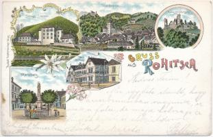 1898 Rogaska Slatina, Rohitsch-Sauerbrunn; Schloss Stermoll, Ruine Obrohitsch, Volksschule, Marktplatz / castle, school, market square, Rudolf Oesterreicher floral, Art Nouveau litho (tiny tear)