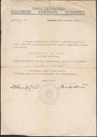 1942 A Turul Szövetség Kőrösfői bajtársi egyesülete elismerő oklevele Fehérkuti Bálint építész, iparművésznek, Haranghy Jenő (1894-1951) saját kezű aláírásával