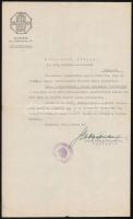1942 Az Országos Iparművészeti Iskola elismerő oklevele Fehérkuti Bálint építész, iparművésznek,  Szablya-Fischauf Ferenc (1876-1962) saját kezű aláírásával