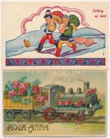 63 db régi üdvözlőlap lithokkal, vegyes minőség / 63 pre-1945 greeting postcards with some lithos, mixed quality