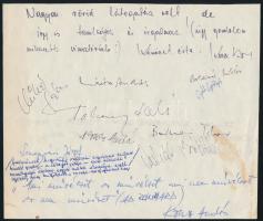 1979 Koncz Zsuzsa emlékező sorai és aláírása, valamint Boldizsár Miklós, Gál Györgyi, Bornai Tibor, Koncz András és mások aláírásai papírlapon