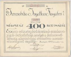 Budapest 1919. Az Immobilia Ingatlan Forgalmi Részvénytársaság részvénye 400K-ról szelvényekkel (2x) sorszámkövetők T:I-,II