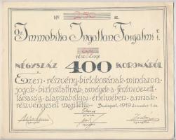 Budapest 1919. "Az Immobilia Ingatlan Forgalmi Részvénytársaság" részvénye 400K-ról szelvé...