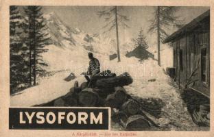 A Kárpátokból; Lysoform reklám a hátoldalon; Képes Újság felvétele / WWI Hungarian military, Transcarpathian mountains, advertisement on the backside (EK)