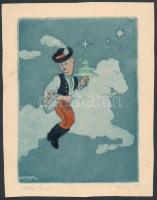 B. Koppány György: Felhő lovas (1930). Színezett rézkarc, papír, jelzett, 14x11 cm