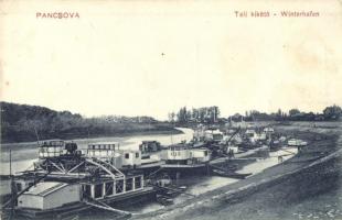 Pancsova, Pancevo; Téli hajókikötő, Krausz Adolf kiadása / Winterhafen / winter harbor, ships (EK)