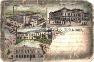 1899 Szolnok, Hungária gőzmalom, Városház, Kaszárnya, megye székház, floral, Art Nouveau litho (EM)
