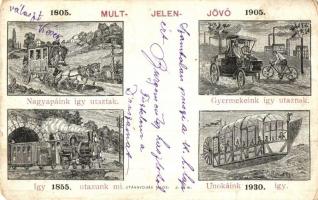 1899 Múlt, jelen, jövő (1805-1855-1905-1930); grafikai közlekedéstörténet / evolution of transport (kopott sarkak / worn edges)