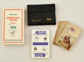 4 csomag kártya: francia snapsz, kávéházi tarokk, Skat francia kártya, régi német tarotkártya 50 garasos adóbélyeggel