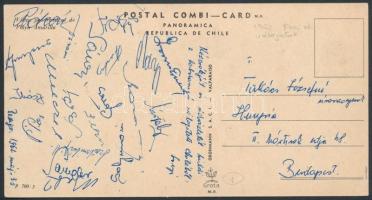 1962 A magyar labdarúgó válogatott tagjainak aláírása a Chilei világbajnokságról. Grosics, Mészöly, Rákosi, Fenyves, Farkas és mások. Az utolsó nagy magyar football válogatott.