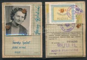 1953-1966 6 db különféle okmány: szakszervezeti könyv, postás tagsági könyv, tanulmányi könyv, stb