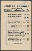 1934 Újpest, "Ciklop Áruház - olcsón felruház" árlap, hátoldalon számlával, okmánybélyeggel