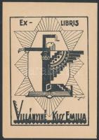 Dinnyés Ferenc (1886-1958): Art deco ex libris, Villányi Kiss Emilia. Fametszet, papír, jelzett a dúcon, 8×6 cm