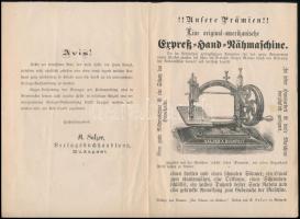 cca 1890-1900 Bp., Salzer A. expressz kézi varrógépének és faliórájának német nyelvű reklámnyomtatványa