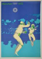 1972 Otl Aicher( 1922-1991): Müncheni Olimpia plakátja, vívás, litografált, sarkainál rajzszög ütötte lyukakkal, 84x59 cm / 1972 Munich Olympics: fencing lithograph poster, pinholes