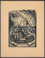 Jaro Beran (1892-1962): Ex Libris, Dr. Lustig István. Fametszet, papír, jelzett a dúcon, 10×7 cm