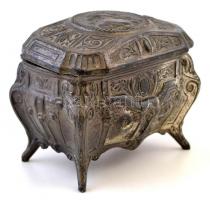 Antik ón ékszeres dobozka, sérült zsanérral, alján lyukkal, 8x9x6 cm