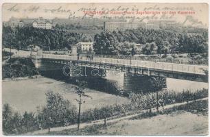 Cieszyn, Teschen; Kaiser Franz Josefsbrücke mit den Kasernen / Franz Joseph bridge, military barracks (ázott sarok / wet corner)
