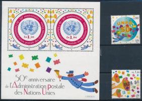 50th anniversary of UN postal administration set + block, 50 éves az ENSZ postaigazgatása sor + blokk