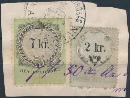 1859 2kr és 1870 7kr vegyes díjlerovás kivágáson