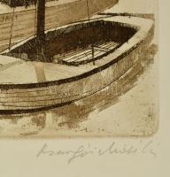Csurgói Máté Lajos (1931-2001): Kikötő. Színezett rézkarc, papír, jelzett, 28×19 cm