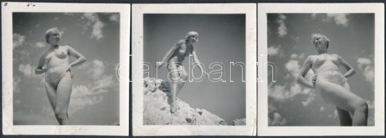 cca 1938 Dr. Csörgeő Tibor (1896-1968): Szabadtéri akt I-III.,  3 db jelzés nélküli vintage fotó a szerző hagyatékából, 6x6 cm